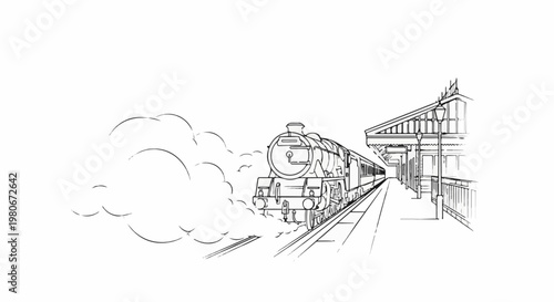 Vintage steam train at a station, puffing clouds of steam