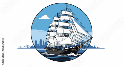 Vintage tall ship sails across a bay toward a city skyline