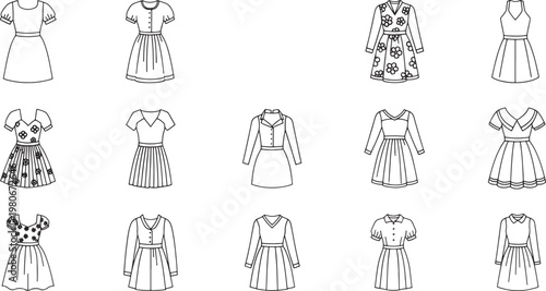 Collection of black and white line of various women's dresses fashion clothing 2 apparel