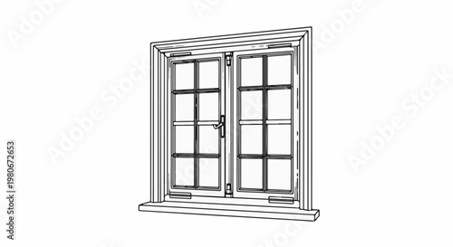 Vintage window with multi-paned casement opening on sill