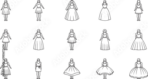 Collection of black and white line of women in various dresses woman female fashion outline
