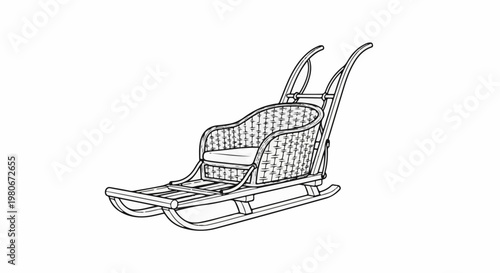 Vintage wicker sled with plush seat and curved runners for snowy descents