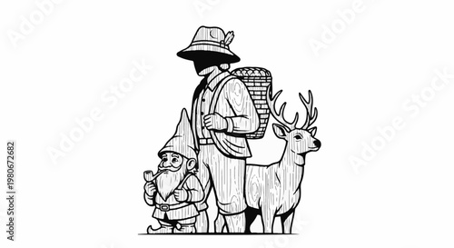 Vintage woodcut style illustration of a hunter, gnome, and deer