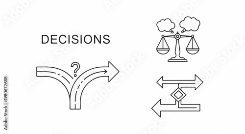 Visual metaphors for making choices a fork in the road, scales of justice, and branching paths