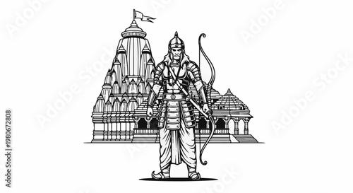 Warrior with bow stands before elaborate temple structures
