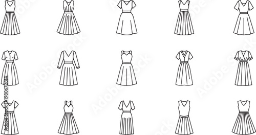 Collection of black line dresses with varied necklines and sleeve lengths fashion clothing apparel style