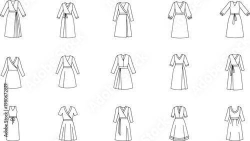 Collection of black line fashion dress with wrap fronts and belts clothing apparel garment