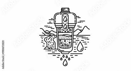 Water filter processing raw water into clean drops in a natural landscape