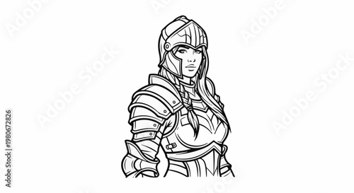 Warrior woman in ornate armor with braided hair and helmet