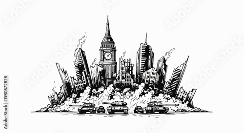 War-torn cityscape with smoke, debris, and tanks advancing