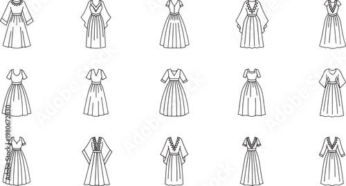 Collection of black line dresses with varied necklines and sleeve styles clothing fashion apparel garment