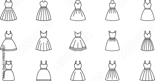 Collection of black line dresses with varied skirt styles on white background fashion clothing outfit