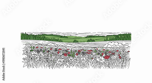 Watercolor sketch of a vibrant field of wildflowers and distant rolling green hills