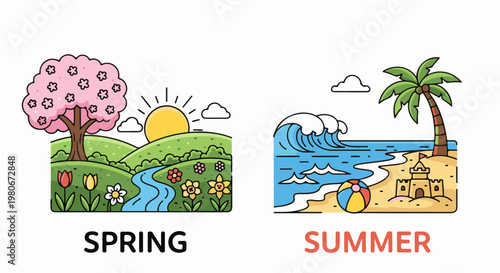 Two seasonal scenes spring with blooming tree, flowers, river, sun, and summer beach with waves, palm tree, sandcastle, ball