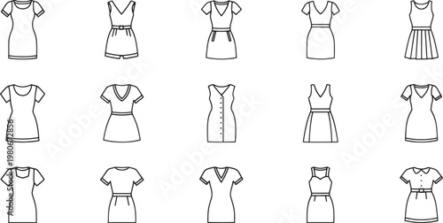 Collection of black line of various women's dresses and outfits fashion clothing