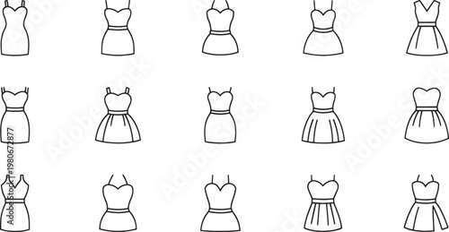 Collection of black line of various women's dresses on white background fashion clothing apparel style