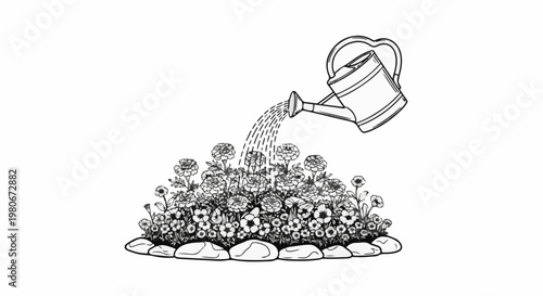 Watering can showering a vibrant bed of blooming flowers and foliage