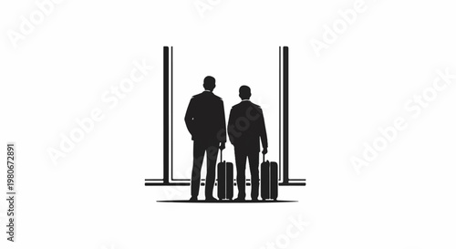 Two silhouettes of men with suitcases stand looking out a large window