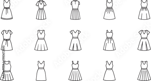 Collection of black line of various women's dresses on white background clothing fashion apparel garment