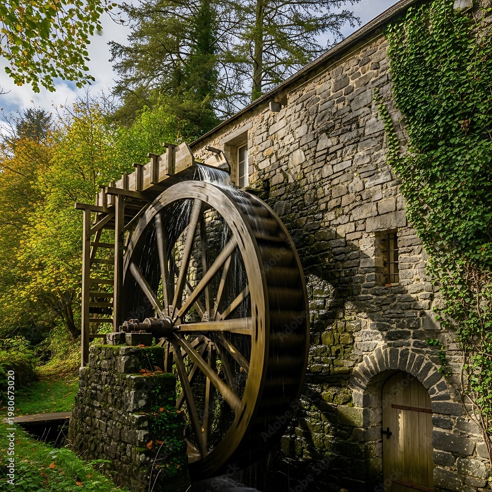Obraz premium Old Mill House with Water Wheel in Rural Setting.