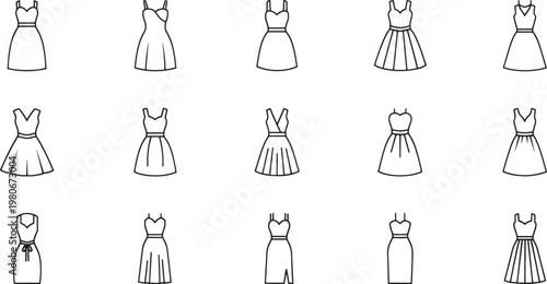 Collection of black outline fashion dresses on white background clothing apparel style