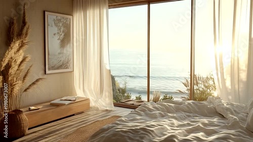 Serene coastal bedroom with sunlight streaming through sheer curtains, ocean view outside