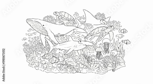Whales, sharks, turtles, rays, jellyfish, and fish swim in a coral reef