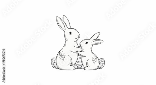 Two sketch-style bunnies embracing, with decorated eggs at their base