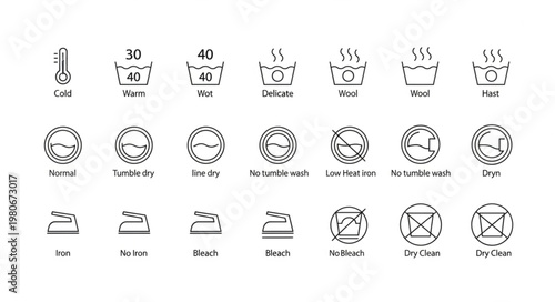 Collection of Laundry Care Symbols Icons Vector Illustration.