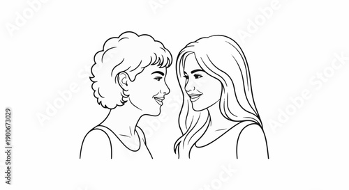 Two women, one with curly hair and the other with long hair, smiling at each other