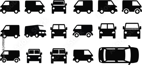 Compact delivery van silhouette icon set side front top view