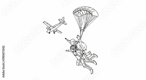 Two skydivers jump from a small plane, one under a parachute