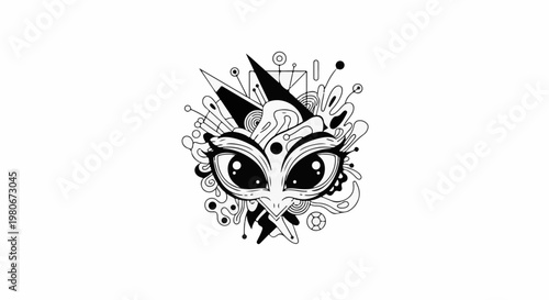 Whimsical black and white abstract doodle featuring large, expressive eyes