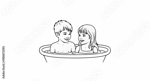 Two smiling children, a boy and a girl, share a bath together in a tub
