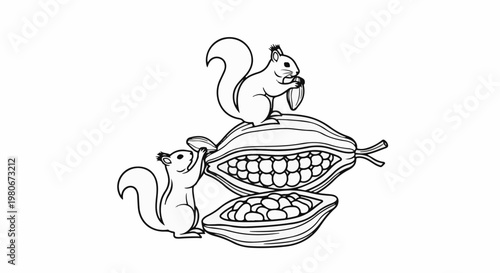 Two squirrels explore open cocoa pods filled with beans