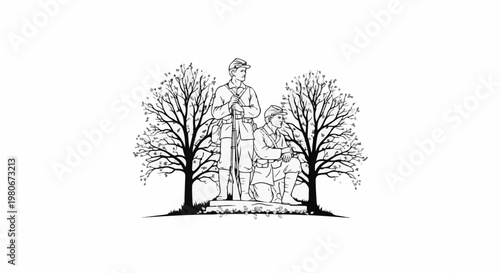 Two soldiers stand and kneel among bare trees with sparse leaves