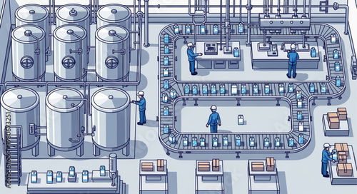 Modern industrial factory production line with workers and machinery.
