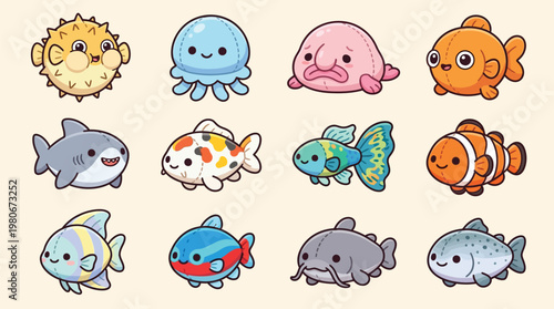 A charming collection of twelve adorable, cartoon-style aquatic creatures, each with a unique and friendly expression, presented on a soft, light-colored background.