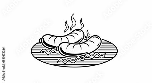 Two steaming sausages on a grill with wavy lines beneath them