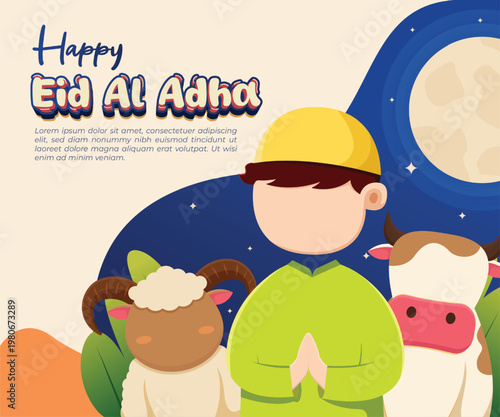 Happy Eid Al Adha Celebration Illustration with Boy, Sheep, and Cow