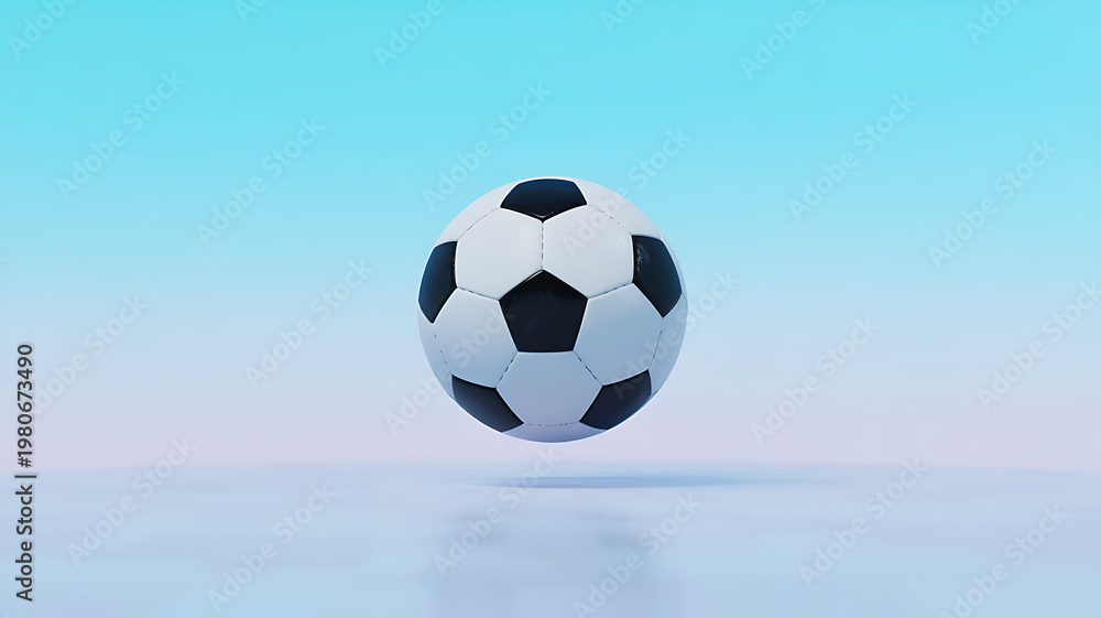 Naklejka premium Black and white soccer ball floating in center of clear blue sky background with soft pastel gradients and reflection on floor surface for minimal sports equipment design concept