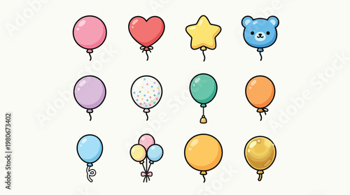 Colorful balloon set illustration, vibrant party balloons collection, festive helium balloons bundle, birthday celebration decoration elements, bright cartoon style 