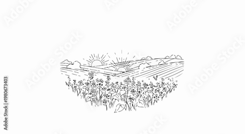 Two suns rise over rolling fields of wildflowers, a serene rural scene