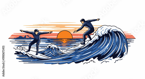 Two surfers ride waves at sunset (1)
