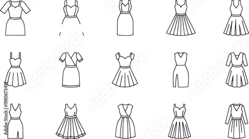 Collection of outline of various women's dresses and skirts fashion clothing