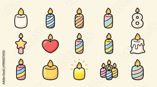 A collection of 15 cute, hand-drawn birthday candles in various shapes and colors, perfect for celebrations.