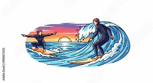 Two surfers ride waves at sunset