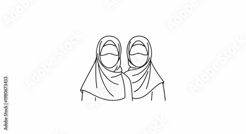 Two women wearing hijab and niqab, depicted in a simple line drawing style