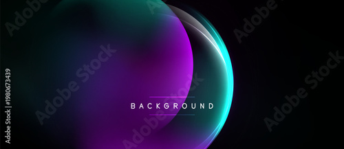 Abstract background features vibrant purple, teal gradients. Circular shapes overlap creating luminous effect. Text reads background. Minimalist design.