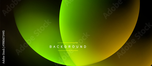 Abstract gradients overlap, creating vibrant yellow, green hues. Minimalist design features text background centered below shapes. Dark backdrop enhances color contrast.
